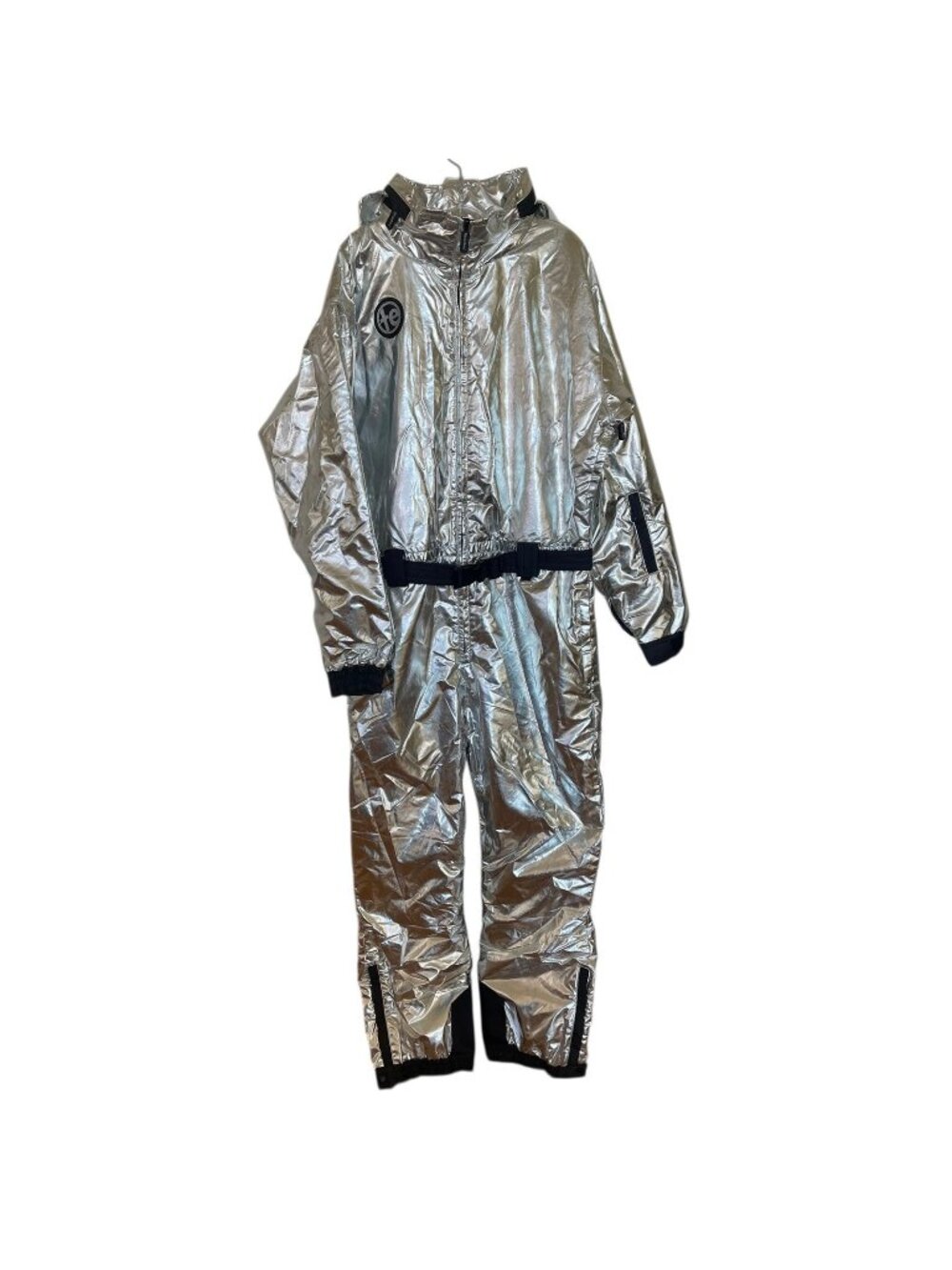 Tipsy Elves Mens Metallic Silver Bullet Ski Suit Size XL One Piece Hooded Retro